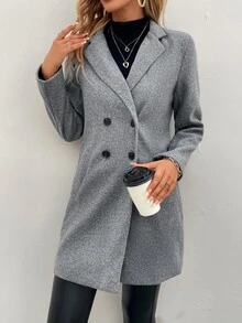 SHEIN Clasi Lapel Neck Double Breasted Overcoat In Autumn Office Business Gray Casual Elegant - Grey - View 3