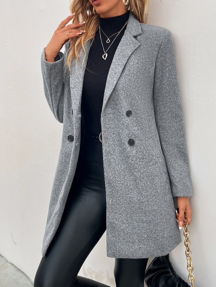 SHEIN Clasi Abrigo de doble botonadura con cuello de solapa para otoño, oficina, negocios, gris, casual y elegante - Gris - Añade 4