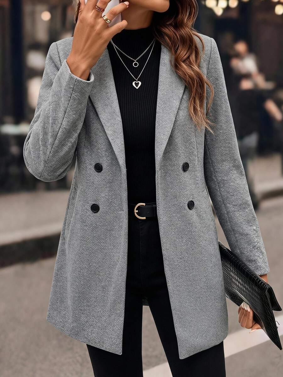 SHEIN Clasi Lapel Neck Double Breasted Overcoat In Autumn Office Business Gray Casual Elegant - Grey - View 1