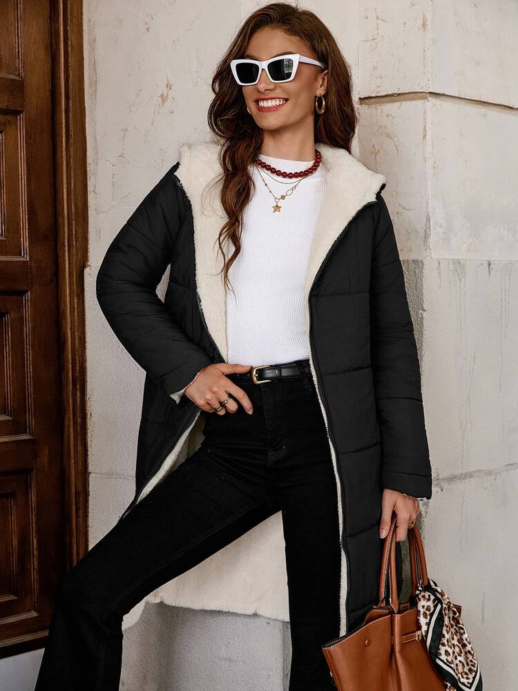 SHEIN Clasi 女款拉鍊連帽泰迪內裡絎縫外套 秋冬休閒黑色 保暖 加長版加厚 秋季工作日常通勤登山外套 - 黑色 - 查看 5