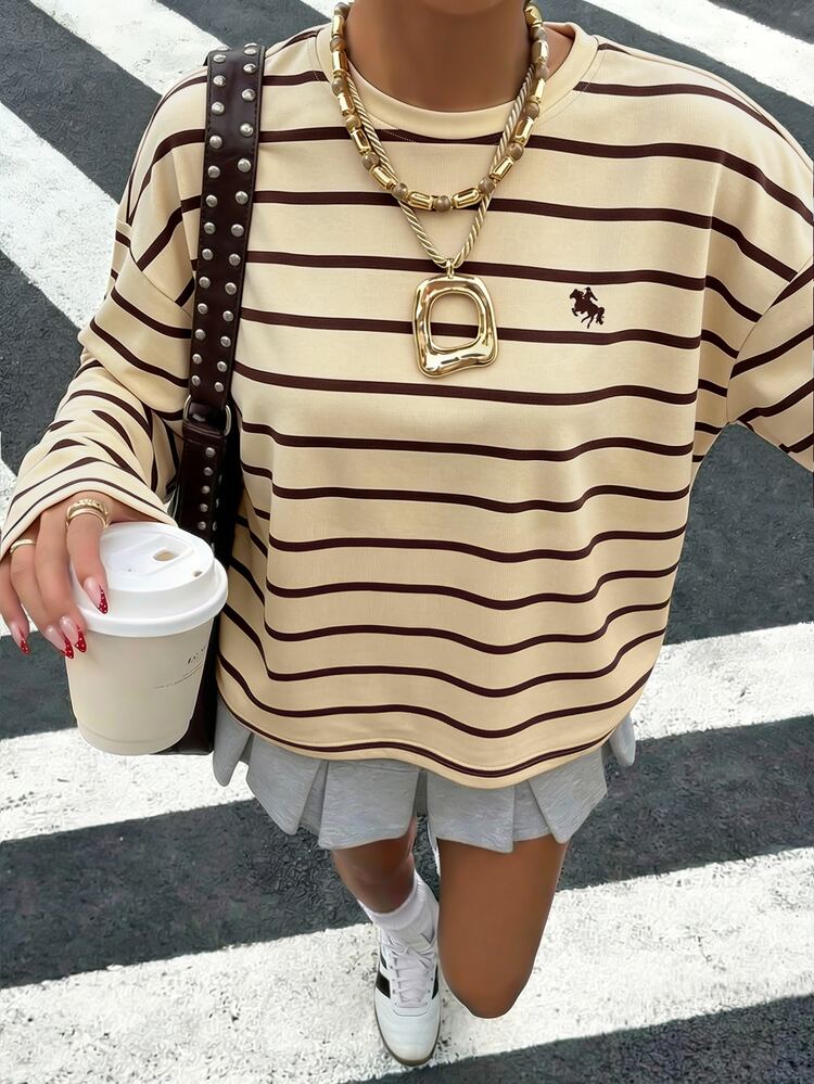 Muchica Plus Size Women's Knight Graphic Print Striped Long Sleeve T-Shirt, Spring/Autumn - Multicolor - View 4