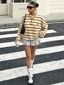 Muchica 大尺碼女款騎士圖案印花條紋長袖T恤，春秋款 - 彩色 - 查看 6