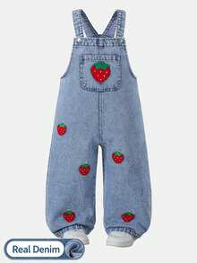 SHEIN Playful Pals 女童休閒牛仔女牛仔西部風格多功能吊帶褲，復古嬰兒藍刺繡蝴蝶結，寬鬆直筒褲腿，純棉，夏季 - 紅色 - 查看 4