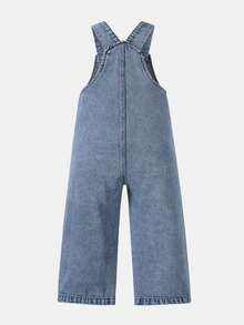 SHEIN Playful Pals 女童休閒牛仔女牛仔西部風格多功能吊帶褲，復古嬰兒藍刺繡蝴蝶結，寬鬆直筒褲腿，純棉，夏季 - 紅色 - 查看 3
