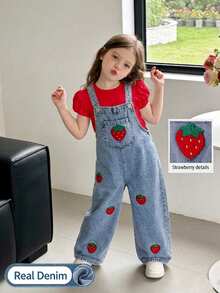 SHEIN Playful Pals 女童休閒牛仔女牛仔西部風格多功能吊帶褲，復古嬰兒藍刺繡蝴蝶結，寬鬆直筒褲腿，純棉，夏季 - 紅色 - 查看 2