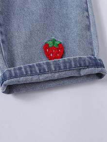 SHEIN Playful Pals 女童休閒牛仔女牛仔西部風格多功能吊帶褲，復古嬰兒藍刺繡蝴蝶結，寬鬆直筒褲腿，純棉，夏季 - 紅色 - 查看 6