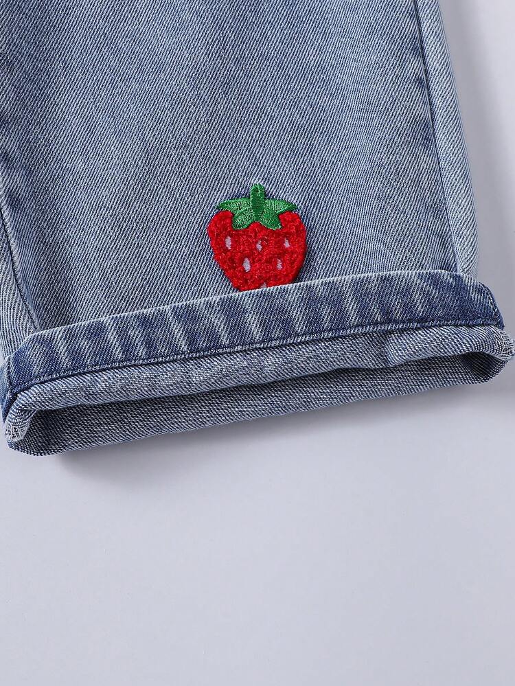 SHEIN Playful Pals Young Girls' Casual Cowgirl Western Versatile Style Denim Bib Pants, Vintage Baby Blue With Embroidered Bowknot, Loose Straight Leg, Cotton, Summer - Red - View 5