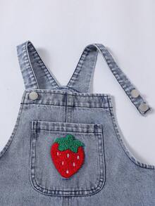 SHEIN Playful Pals 女童休閒牛仔女牛仔西部風格多功能吊帶褲，復古嬰兒藍刺繡蝴蝶結，寬鬆直筒褲腿，純棉，夏季 - 紅色 - 查看 5
