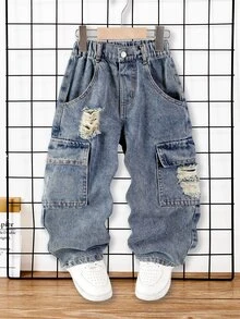 SHEIN Genkimix Kids 男童牛仔褲，工裝破洞牛仔褲，四季皆宜，街頭休閒風，淺藍色水洗牛仔布，多口袋工裝設計，冬季 - 中等水洗藍 - 查看 7