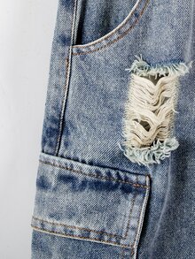 SHEIN Genkimix Kids 男童牛仔褲，工裝破洞牛仔褲，四季皆宜，街頭休閒風，淺藍色水洗牛仔布，多口袋工裝設計，冬季 - 中等水洗藍 - 查看 5