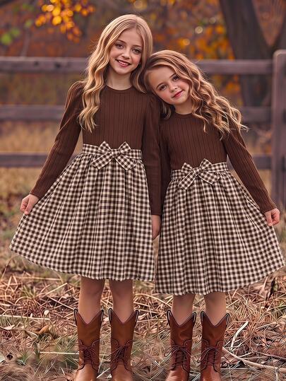 SHEIN Vintaside Kids 1 pieza Vestido ajustado de manga larga de punto acanalado con dobladillo de patchwork a cuadros y cinturón en la cintura para niñas preadolescentes, vestido casual de uso diario para salidas de otoño/invierno