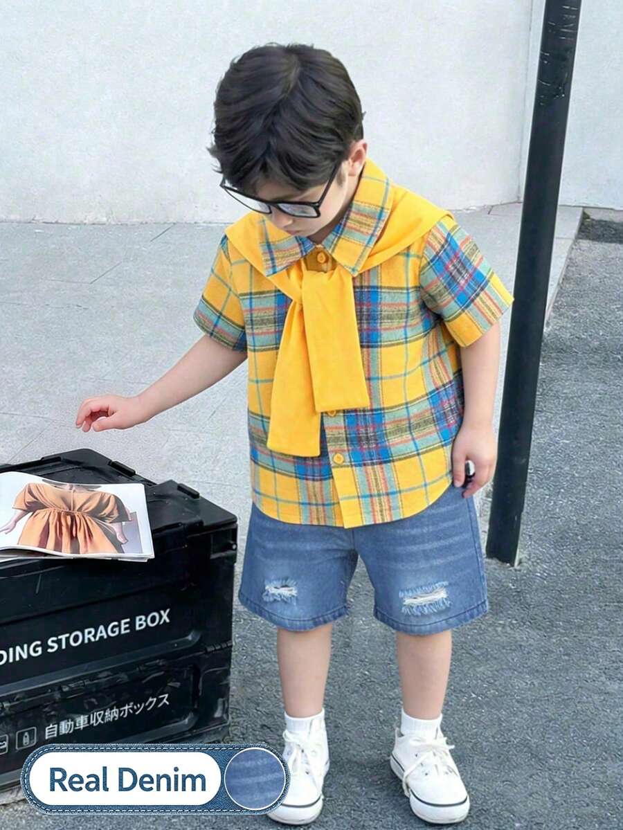 Genkimix Kids Bộ quần áo bé trai mùa hè màu vàng, tay ngắn họa tiết kẻ caro, dáng vừa, có chi tiết rách, phong cách thường ngày, sinh nhật, đi biển, casual