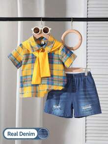 Genkimix Kids Bộ quần áo bé trai mùa hè màu vàng, tay ngắn họa tiết kẻ caro, dáng vừa, có chi tiết rách, phong cách thường ngày, sinh nhật, đi biển, casual - Nhiều màu - Xem 4