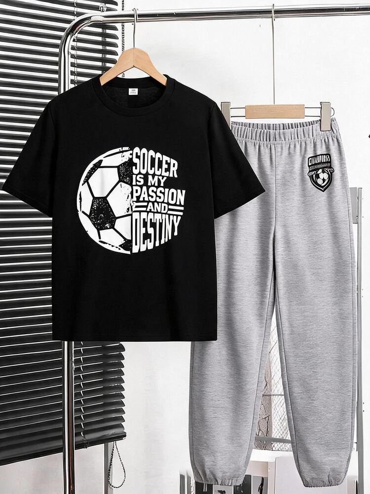 SHEIN 2pcs/Set Teen Boys Casual Letter Printed Round Neck Pullover Set, Suitable For Summer - Multicolor - View 8