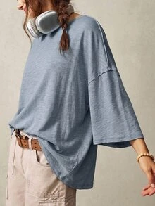 Bohemela Kaos Kasual Polos Rajut Leher Bulat Lengan 3/4 Longgar, Dicuci - Biru - View 4