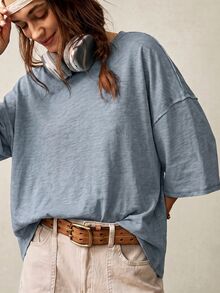 Bohemela Kaos Kasual Polos Rajut Leher Bulat Lengan 3/4 Longgar, Dicuci - Biru - View 5