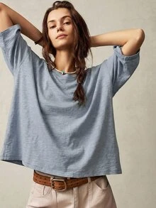 Bohemela Kaos Kasual Polos Rajut Leher Bulat Lengan 3/4 Longgar, Dicuci - Biru - View 7