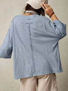Bohemela Kaos Kasual Polos Rajut Leher Bulat Lengan 3/4 Longgar, Dicuci - Biru - View 2