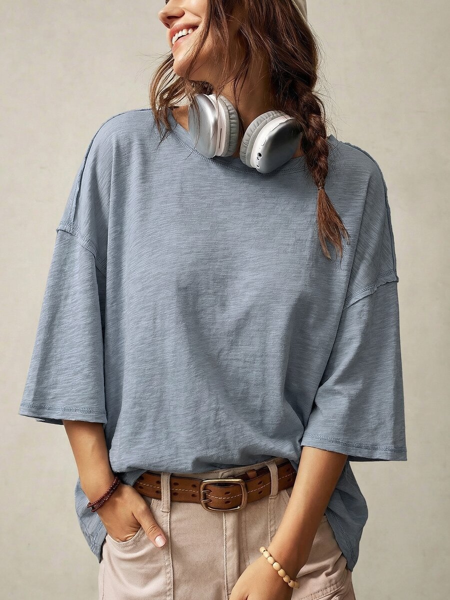 Bohemela Kaos Kasual Polos Rajut Leher Bulat Lengan 3/4 Longgar, Dicuci - Biru - View 1