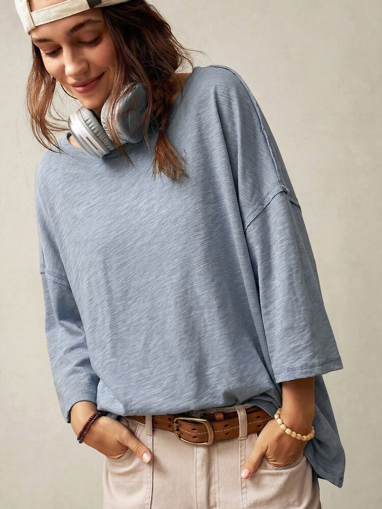 Bohemela Casual Solid Color Knit Round Neck 3/4 Sleeve Loose Washed T-Shirt - Blue - View 6
