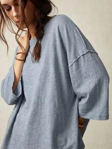 Bohemela Kaos Kasual Polos Rajut Leher Bulat Lengan 3/4 Longgar, Dicuci - Biru - View 8