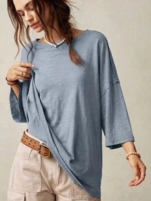 Bohemela Kaos Kasual Polos Rajut Leher Bulat Lengan 3/4 Longgar, Dicuci - Biru - View 3