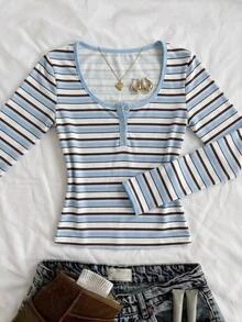 SHEIN 少女秋/冬條紋領收腰長袖T恤，適合正式場合、旅行、度假、街頭穿搭，適用於任何場合，姐妹裝、親子套裝，可愛女孩穿搭 - 彩色 - 查看 8