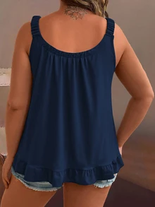 SHEIN Plus Size Summer Casual Solid Color Ruffled Hem Tank Top - Navy Blue - View 2