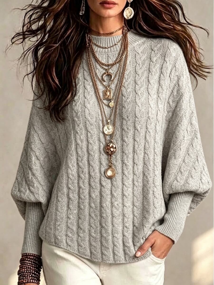 Breezaya Atasan Sweater Rajut Lengan Panjang Wanita Model Terbaru Musim Gugur, Kerah Semi-Tinggi, Potongan Longgar, Pas Badan, Motif Tali Klasik, Modis, Elegan, Serbaguna - Aprikot - View 1