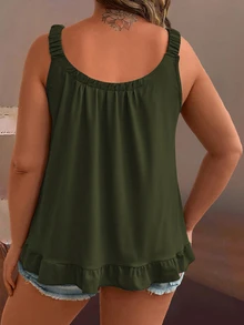 Breezaya Plus Size Women Solid Color Pleated Loose Casual Camisole - Army Green - View 2
