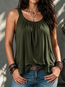 Breezaya Plus Size Women Solid Color Pleated Loose Casual Camisole - Army Green - View 1