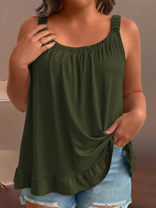Breezaya Plus Size Women Solid Color Pleated Loose Casual Camisole - Army Green - View 4