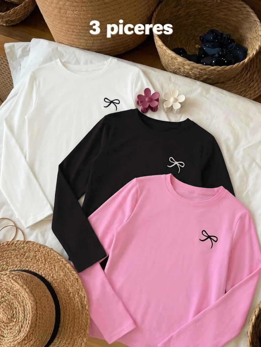 SHEIN 3pcs/Set Tween Girls Bow & Fruit Print Long Sleeve T-Shirts, Fall Tops, Fall, Suitable For Urban Street Style, Daily Wear - Multicolor - View 1