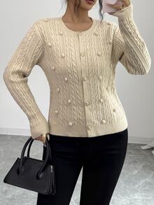 Wandoria Cardigan Rajut Pendek Wanita Model Terbaru Musim Gugur, Kerah Bulat, Dekorasi Tekstur 3D, Desain Manis, Kancing Logam, Pas Badan, Gaya Wanita Serbaguna untuk Perjalanan Sehari-hari - Aprikot - View 7