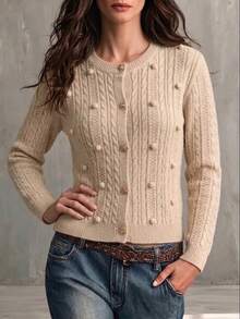 Wandoria Cardigan Rajut Pendek Wanita Model Terbaru Musim Gugur, Kerah Bulat, Dekorasi Tekstur 3D, Desain Manis, Kancing Logam, Pas Badan, Gaya Wanita Serbaguna untuk Perjalanan Sehari-hari - Aprikot - View 6