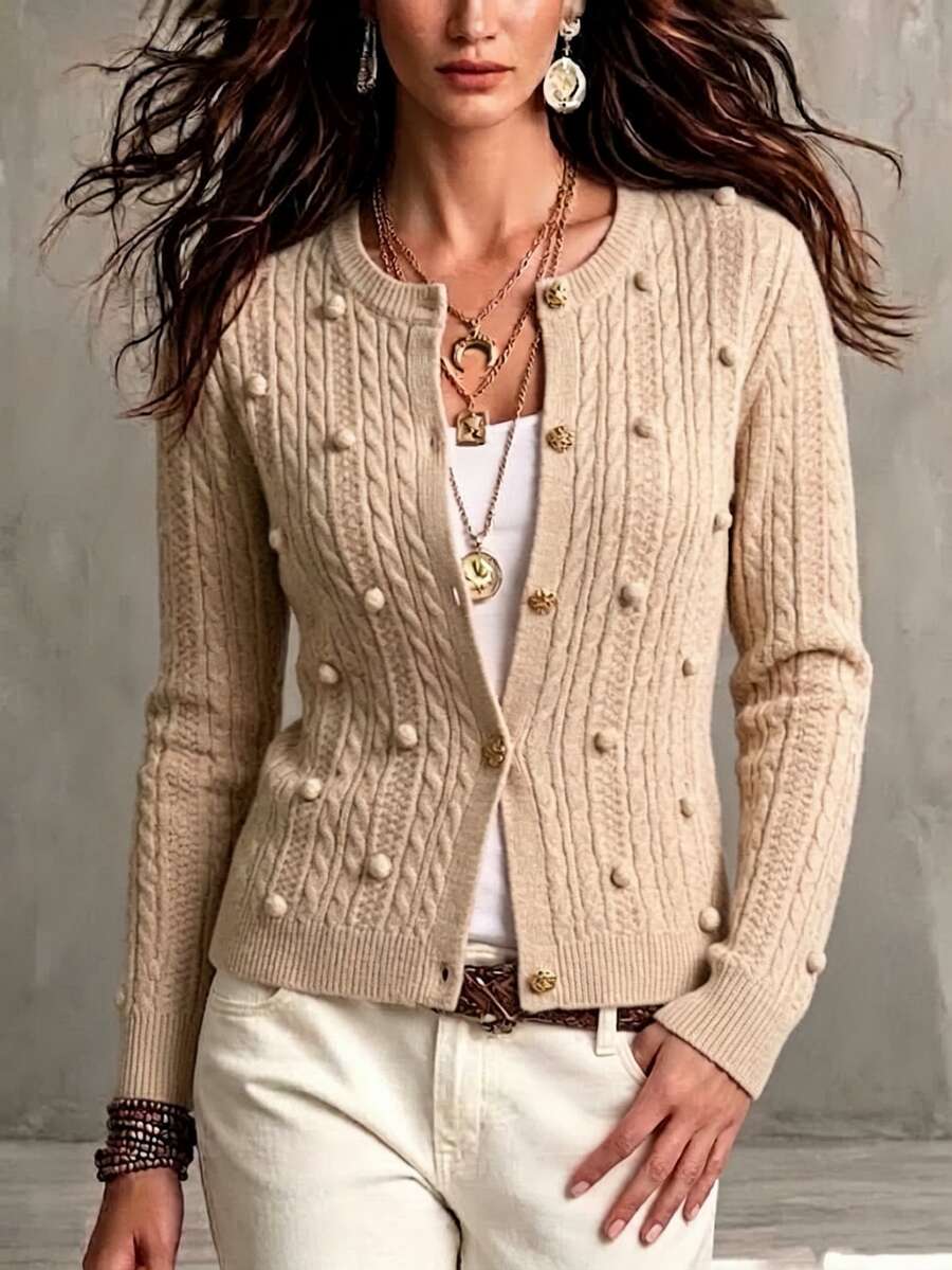 Wandoria Cardigan Rajut Pendek Wanita Model Terbaru Musim Gugur, Kerah Bulat, Dekorasi Tekstur 3D, Desain Manis, Kancing Logam, Pas Badan, Gaya Wanita Serbaguna untuk Perjalanan Sehari-hari - Aprikot - View 1
