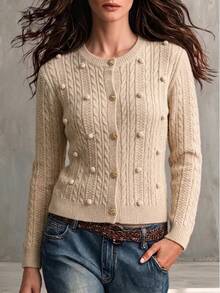 Wandoria Cardigan Rajut Pendek Wanita Model Terbaru Musim Gugur, Kerah Bulat, Dekorasi Tekstur 3D, Desain Manis, Kancing Logam, Pas Badan, Gaya Wanita Serbaguna untuk Perjalanan Sehari-hari - Aprikot - View 4