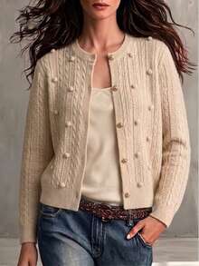 Wandoria Cardigan Rajut Pendek Wanita Model Terbaru Musim Gugur, Kerah Bulat, Dekorasi Tekstur 3D, Desain Manis, Kancing Logam, Pas Badan, Gaya Wanita Serbaguna untuk Perjalanan Sehari-hari - Aprikot - View 5