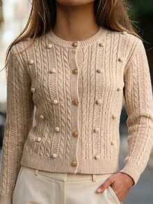 Wandoria Cardigan Rajut Pendek Wanita Model Terbaru Musim Gugur, Kerah Bulat, Dekorasi Tekstur 3D, Desain Manis, Kancing Logam, Pas Badan, Gaya Wanita Serbaguna untuk Perjalanan Sehari-hari - Aprikot - View 3