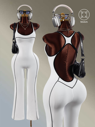Amplova Bộ jumpsuit thể thao nữ tối giản phối màu kẻ sọc màu trắng, hở lưng gợi cảm, ống dài loe, dùng cho tập gym, fitness, tập luyện và chạy bộ