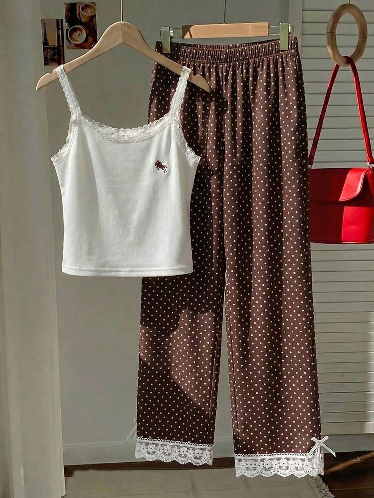 Comfortcana Women Summer Cute Lounge 2-Piece Set,Brown And White Polka Dot Print Striped Pants,Casual Yellow Lace Trim Camisole,Daily Minimalist Versatile Outfit - Multicolor - View 3