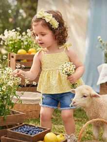 SHEIN Vintaside Kids 女嬰可愛甜美花卉細肩帶背心與藍色牛仔短褲套裝，附蝴蝶結裝飾，夏季度假幼兒休閒2件套日常外出穿搭 - 彩色 - 查看 6