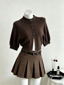 Mori Grove Mori Grove Maillard 女款深棕色半高領中式復古鈕扣開襟慵懶通勤時尚極簡披肩針織開襟衫，適合日常秋季穿搭 - 咖啡棕 - 查看 3