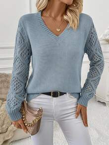 SHEIN Clasi Solid Pointelle Knit V Neck Sweater,Long Sleeve Tops,Knitted Sweater In Fall/Winter - Blue - View 1