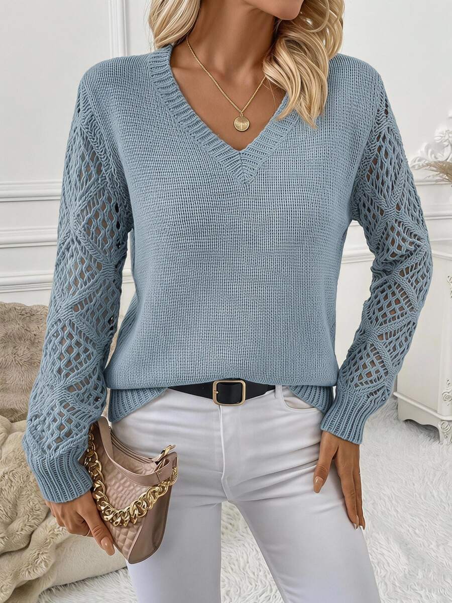 SHEIN Clasi Solid Pointelle Knit V Neck Sweater,Long Sleeve Tops,Knitted Sweater In Fall/Winter - Blue - View 1