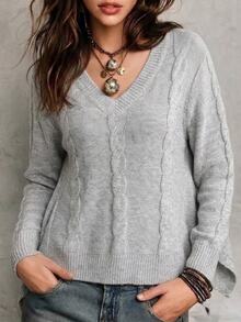 Breezaya Women's Autumn New Arrival V-Neck Classic Rope Pattern Fitted Regular Fit Asymmetrical Hem Unique Fashion Design Elegant Slimming Elegant French Style Knit Pullover Long Sleeve Sweater - Grey - View 3