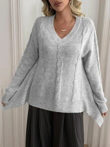 Breezaya Women's Autumn New Arrival V-Neck Classic Rope Pattern Fitted Regular Fit Asymmetrical Hem Unique Fashion Design Elegant Slimming Elegant French Style Knit Pullover Long Sleeve Sweater - Grey - View 5