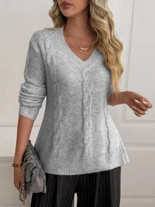 Breezaya Women's Autumn New Arrival V-Neck Classic Rope Pattern Fitted Regular Fit Asymmetrical Hem Unique Fashion Design Elegant Slimming Elegant French Style Knit Pullover Long Sleeve Sweater - Grey - View 7