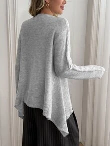Breezaya Women's Autumn New Arrival V-Neck Classic Rope Pattern Fitted Regular Fit Asymmetrical Hem Unique Fashion Design Elegant Slimming Elegant French Style Knit Pullover Long Sleeve Sweater - Grey - View 2