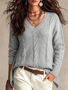 Breezaya Women's Autumn New Arrival V-Neck Classic Rope Pattern Fitted Regular Fit Asymmetrical Hem Unique Fashion Design Elegant Slimming Elegant French Style Knit Pullover Long Sleeve Sweater - Grey - View 4